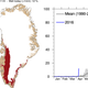 Left: Maps showing areas where melting took place on Monday (April 11th) and Tuesday (April 12th). Right: Average percentage of the total area of the Greenland ice sheet that melts over the course of a year, from 1990-2013 (gray) compared with 2016 (blue). Image: DMI